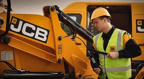 serwis-maszyn-JCB-interhandler Serwisant JCB podczas obsługi technicznej maszyny